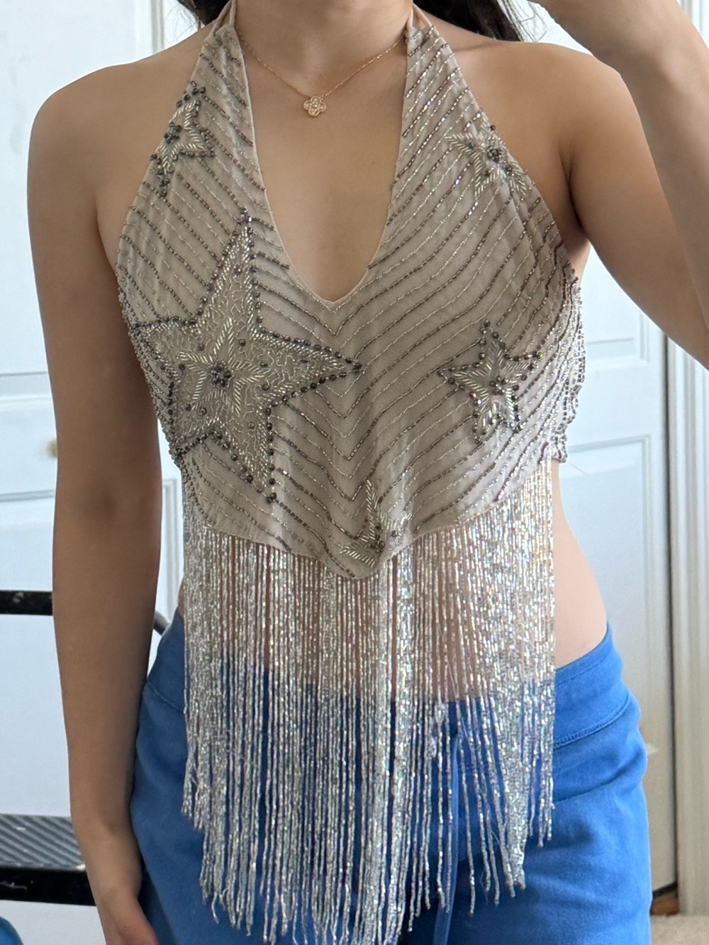 Beaded Fringe Halter Top - Silver
